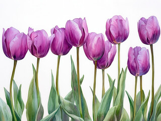 Purple tulips in full bloom are arranged in row against white background, showcasing their vibrant petals and lush green leaves. image captures elegance and beauty of these spring flowers