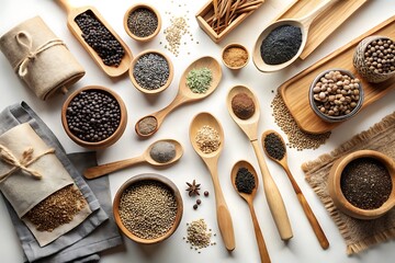 Variety of seeds and spices in wooden bowls and spoons on white background