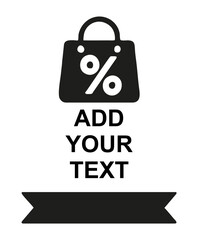 Shopping Bag Discount Icon with Editable Text Banner on Dark Background – Promotional Vector Template,A versatile vector graphic featuring a black shopping bag with a percentage symbol, paired with ed