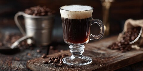 Fototapeta premium Coffee drink in a glass mug with foam, served with roasted coffee beans on a wooden board. A pewter cup of coffee beans sits nearby.