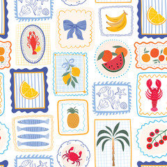 Obraz na płótnie Canvas Summer whimsical stamps seamless pattern, Mediterranean style, traditional foods wallpaper, retro background