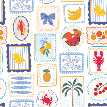 Summer whimsical stamps seamless pattern, Mediterranean style, traditional foods wallpaper, retro background