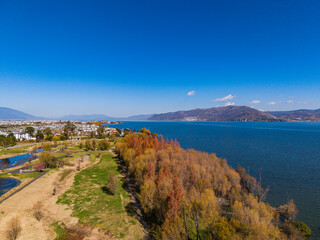 Fototapeta premium Aerial view of Cangshan Mountain and Erhai Lake in Dali, Yunnan