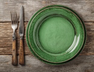 Rustic table setting with green ceramic plates and antique silverware