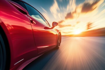 Red sports car speeds down an open road at sunset, capturing the thrill of motion and vibrant colors, Red sports car speeding on road at sunset with motion blur