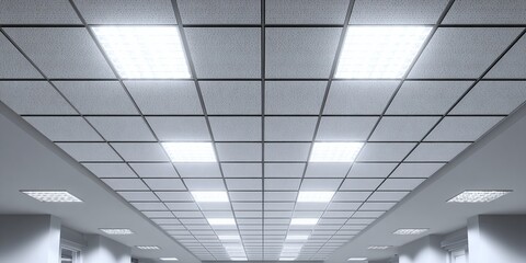 A well-lit ceiling with a grid of square tiles and integrated lighting fixtures, creating a clean and modern architectural design. The bright lights are evenly spaced.