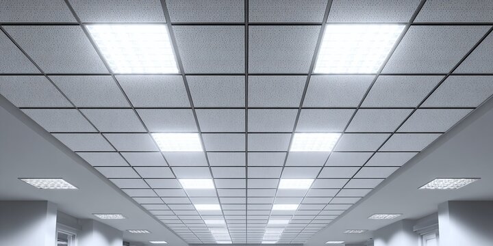 A well-lit ceiling with a grid of square tiles and integrated lighting fixtures, creating a clean and modern architectural design. The bright lights are evenly spaced.