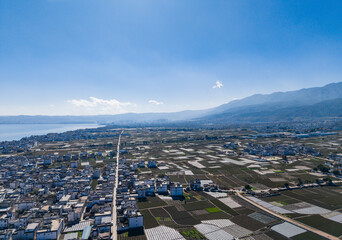 Aerial view of Cangshan Mountain and Erhai Lake in Dali, Yunnan