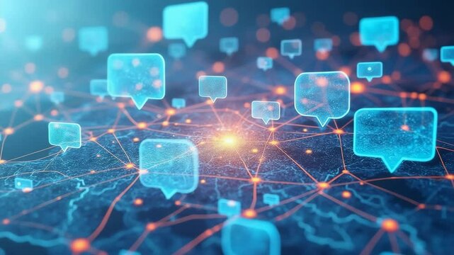 Digital communication network featuring glowing speech bubbles, abstract data exchange, futuristic technology, and global connectivity, vibrant blue and orange color scheme, online messaging