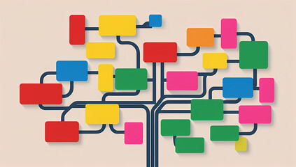 Bold Colorful Flowchart with Tree Structure, Organizational Chart Concept, Flat Design, Generative AI