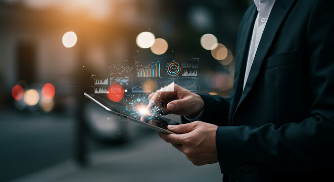 Businessperson using digital tablet at night