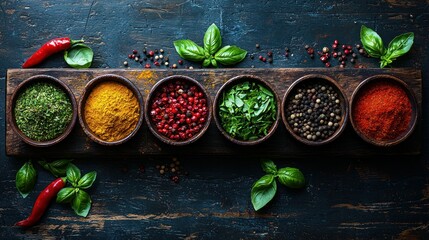 Wooden tray holding small bowls of various spices, herbs, and peppers, arranged in a row against a dark rustic wooden background.  Fresh herbs and chili peppers are also visible