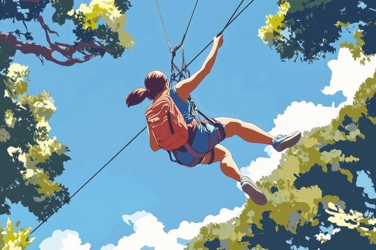 Woman enjoying ziplining at an adventure park under a clear blue sky, Woman on a zip line in an adventure park