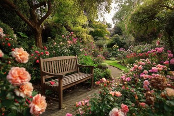 Serene garden scene with wooden bench nestled amongst vibrant rose bushes, winding path, and lush greenery
