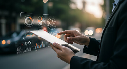 Businessperson using tablet outdoors