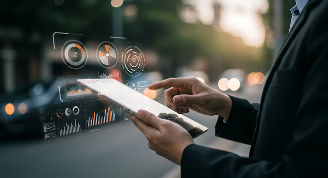 Businessperson using tablet outdoors