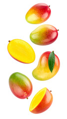 Fresh mangoes and mango slices falling on a transparent background, perfect for food and beverage advertising