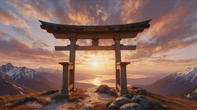 Peaceful Path Through Traditional Torii Gates at Sunset