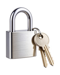 Shiny metal padlock with two attached keys on transparent background.