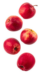 Five ripe red apples falling against a transparent background, creating a dynamic and appetizing image