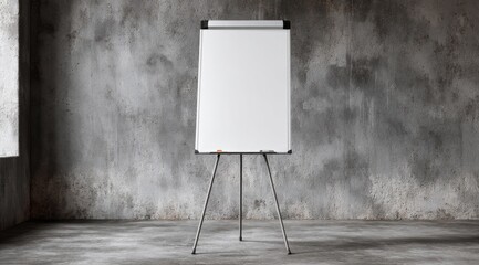 Blank whiteboard on tripod easel against a textured grey wall in a minimalist room