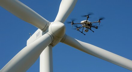 Drone inspecting a wind turbine against blue sky