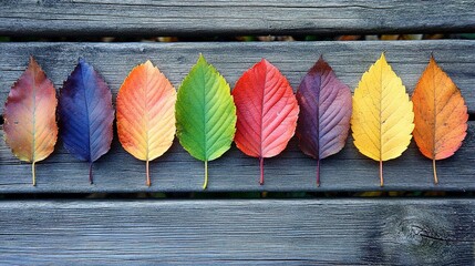 Color Transition Leaves on Wood Planks: Green to Yellow to Red Symbolic Life Stages Background