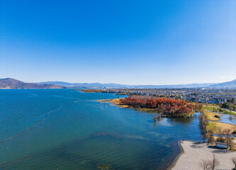 Aerial view of Cangshan Mountain and Erhai Lake in Dali, Yunnan