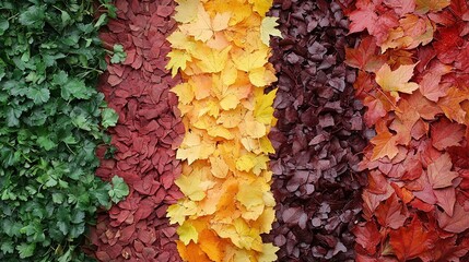 Color Transition Leaves on Wood Planks: Green to Yellow to Red Symbolic Life Stages Background