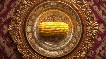 A single, cooked ear of corn sits on a clear glass plate, which rests on an ornate gold charger, atop a patterned burgundy tablecloth