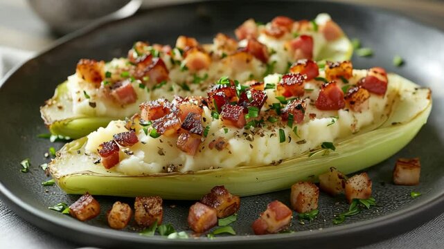 Freshly prepared endive boats are generously stuffed with creamy mashed potatoes, crispy bacon bits, and vibrant herbs. This delicious dish is perfect for a cozy dinner or elegant gathering.