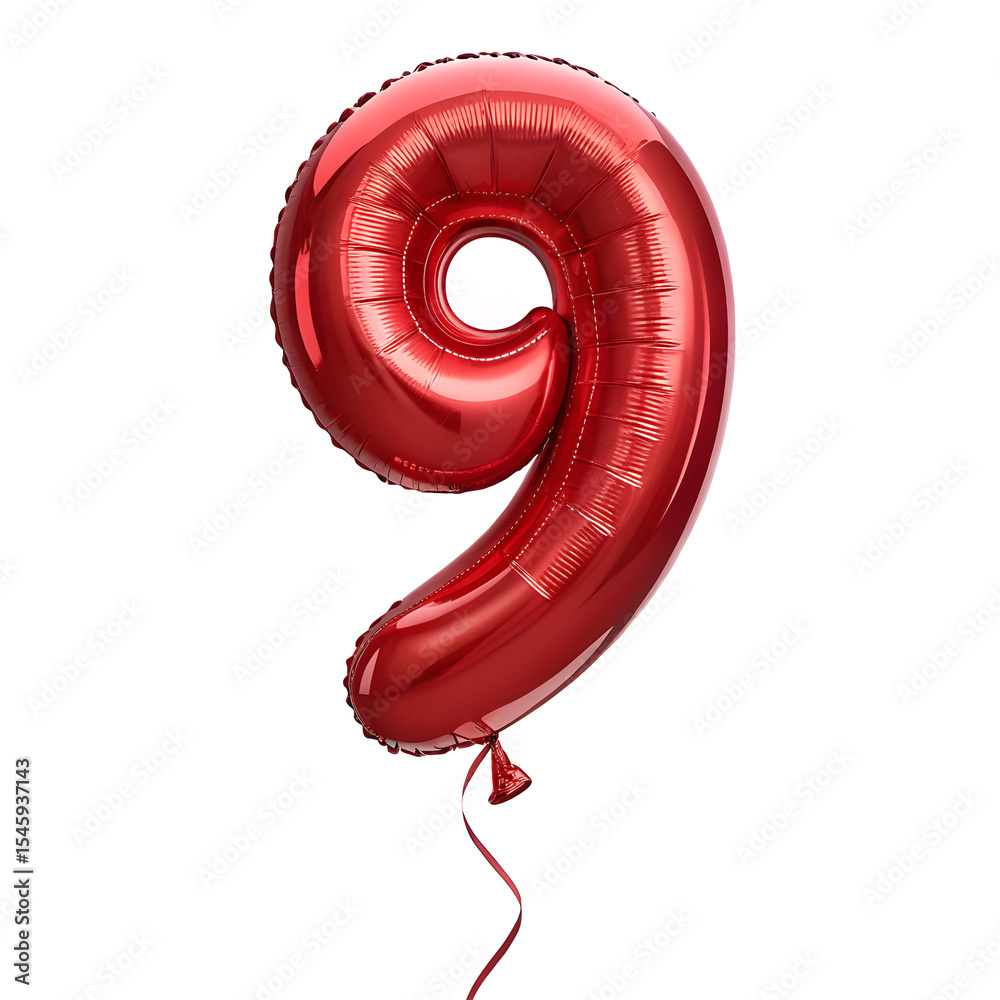 Fototapete a balloon shaped like the number 9,glossy red metallic finish with realistic reflections and smooth 