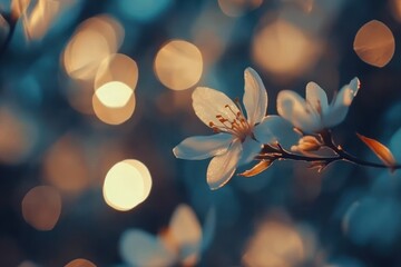 Stunning baby blue bokeh background with delicate flowers in soft focus illuminated by warm light, Shimmering bokeh baby blue motion background