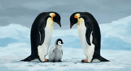Emperor penguin chick and parents