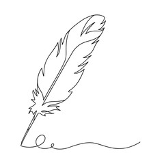 Continuous line drawing of writing quill feather pen. Minimalist black linear sketch isolated on white background. Hand drawn vector illustration.