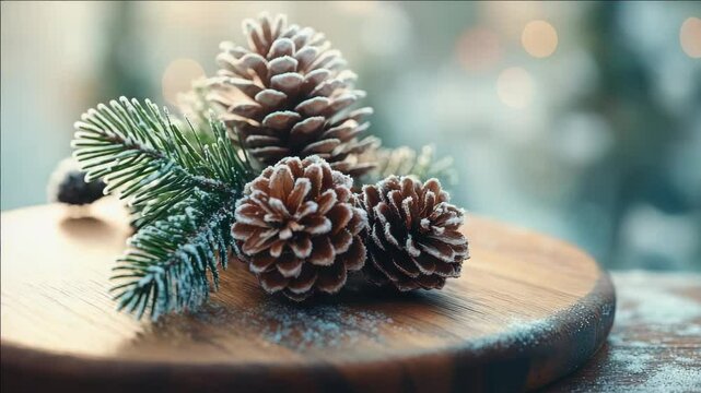 A festive Christmas pinecone decoration set on a wooden table.