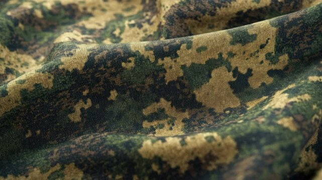 Close-up of digital camo material with a multicolored pattern.