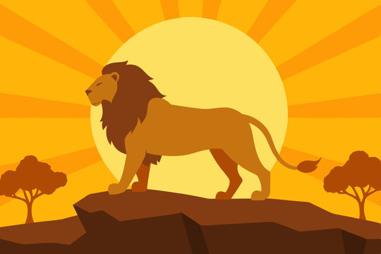 egal lion illustration with golden mane and colorful dawn background