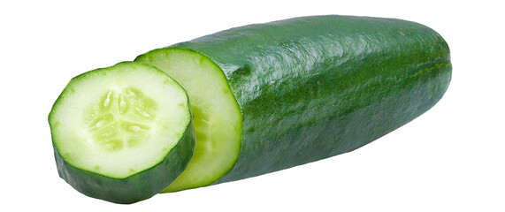 fresh cucumber with slices isolated on transparent background.