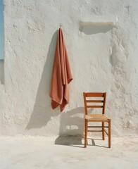 A dusty rose towel hangs on a whitewashed wall beside a simple wooden chair, bathed in sunlight;  minimalist, summery scene