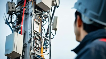 Focused and determined, an asian male engineer in a helmet examines a telecommunications tower against a clear sky. His presence signifies the importance of safety and precision in engineering tasks.