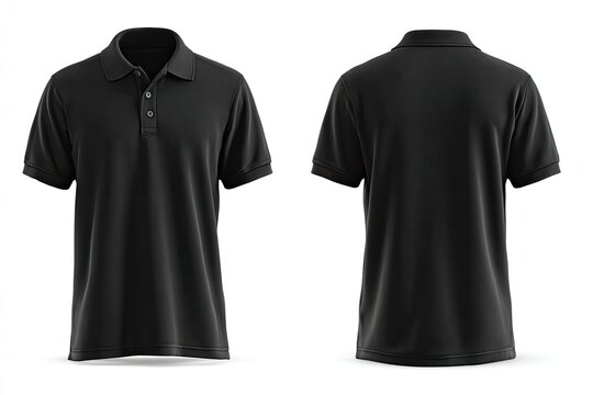 A black, short-sleeved polo shirt shown from front and back views on a white background, showcasing its simple, classic design
