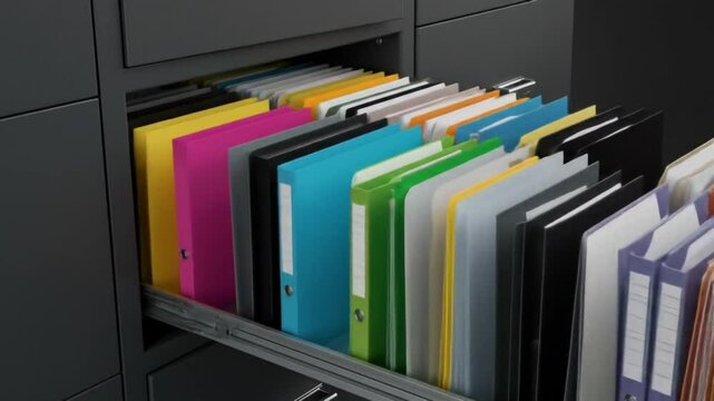 Colorful file folders inside metal cabinet drawer