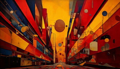 Abstract Cityscape in Red and Gold