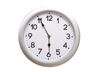 Round Silver Wall Clock Showing 05:55 or 17:55 Isolated-White. Useful for concepts like noon, midnight, deadline, countdown, or time management.