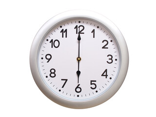 Round Silver Wall Clock Showing 06:00 or 18:00 Isolated-White. Useful for concepts like noon, midnight, deadline, countdown, or time management.