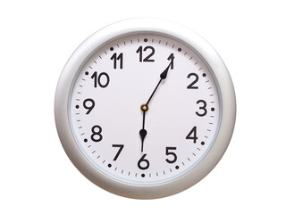 Round Silver Wall Clock Showing 06:05 or 18:05 Isolated-White. Useful for concepts like noon, midnight, deadline, countdown, or time management.