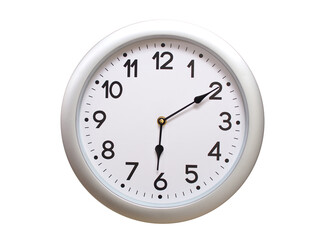 Round Silver Wall Clock Showing 06:10 or 18:10 Isolated-White. Useful for concepts like noon, midnight, deadline, countdown, or time management.