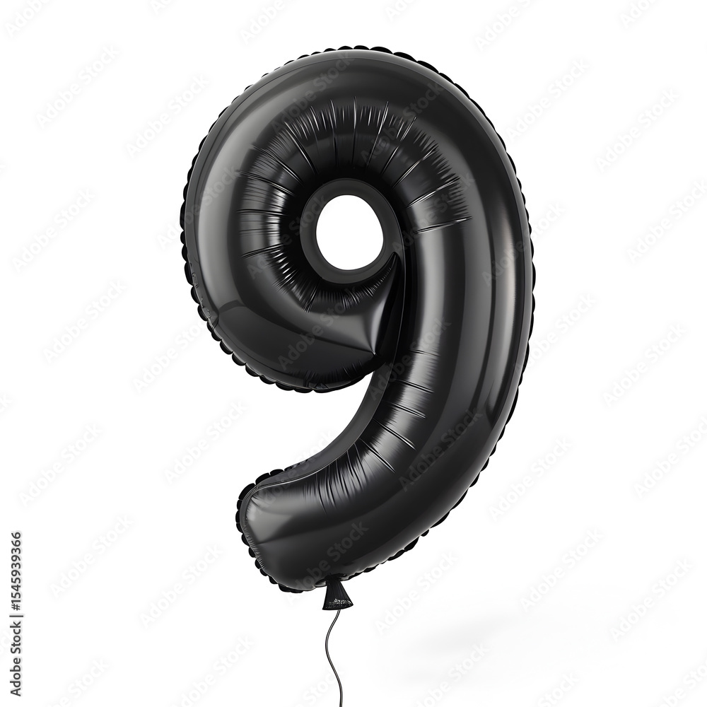 Fototapete a balloon shaped like the number 9,matte black metallic finish with realistic reflections and smooth
