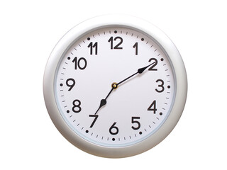 Round Silver Wall Clock Showing 07:10 or 19:10 Isolated-White. Useful for concepts like noon, midnight, deadline, countdown, or time management.